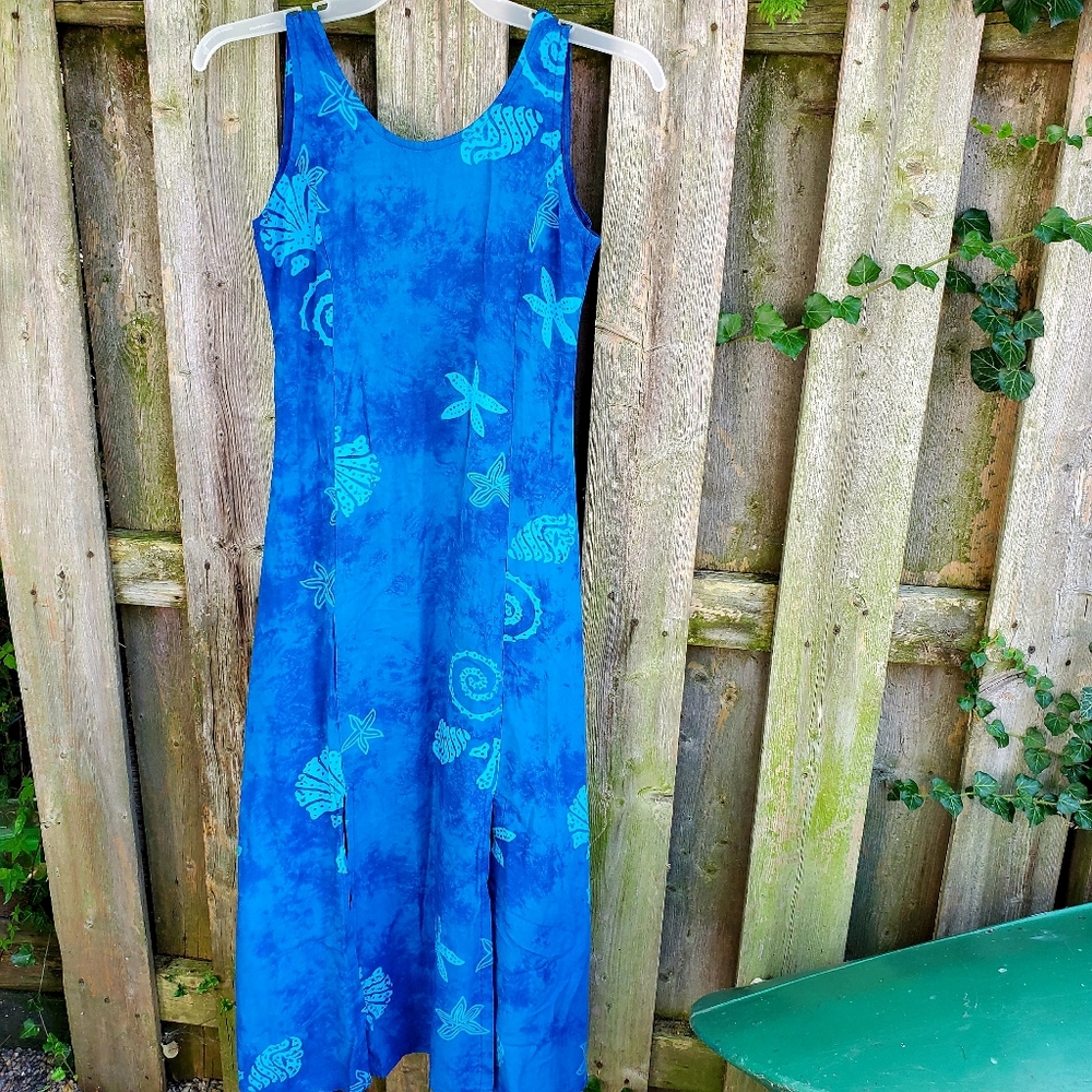 XS Beach Sun Dress. Women's. Blue. Seashells.